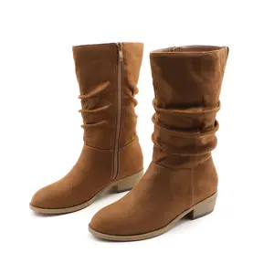 Women’s Slouchy Mid-Calf Fashion high Vintage Cowgirl Boots - Low Block Heel Casual Boots with Side Zipper for Everyday Style Walking Shoes Footwear fashionable footwear Mid-Boots Western Boots Soft trendy solid
