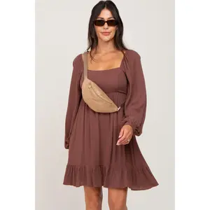 Brown Square Neck Puff Long Sleeve Dress