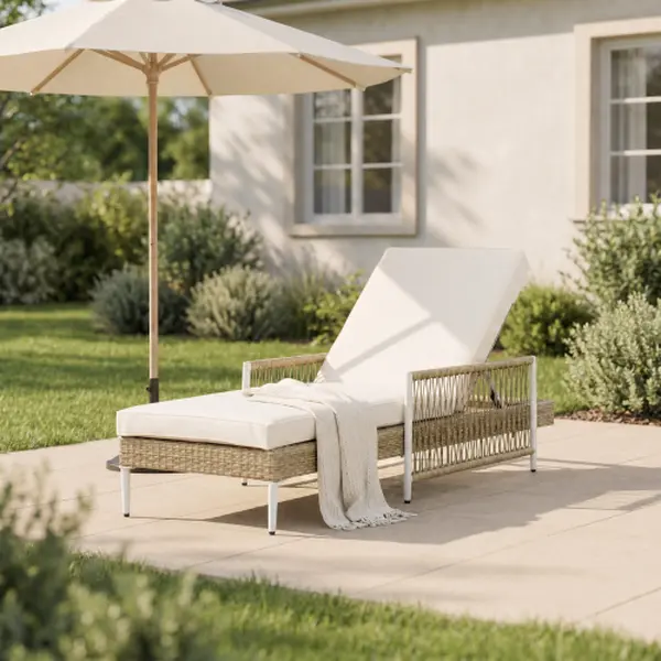 Outdoor PE Rattan Chaise Lounge Chair with Arms - 6-Position Adjustable Reclining Patio Wicker Beach Chair, Thick Cushion, Heavy-Duty Steel Frame for Pool Deck Garden, Beige