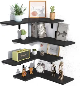 Set of 4, Wood Corner Shelf for Wall Decor Storage, Rustic Wall Mounted Storage Shelves for Living Room