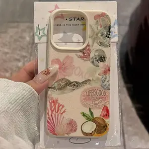 Leather Texture Phone Case, Starfish Jellyfish Seahorse Shell Ocean Turtle Design, Fits iPhone XR 11-17 Pro Max Plus Samsung Series