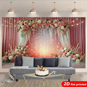 Romantic Floral Tapestry Wall Hanging - Decorative Pink Rose Curtain with Fairy Light Design, 2D Flat Printed Flowers Backdrop, for Wedding & Aesthetic Home Room Decor, Photo Prop Gift