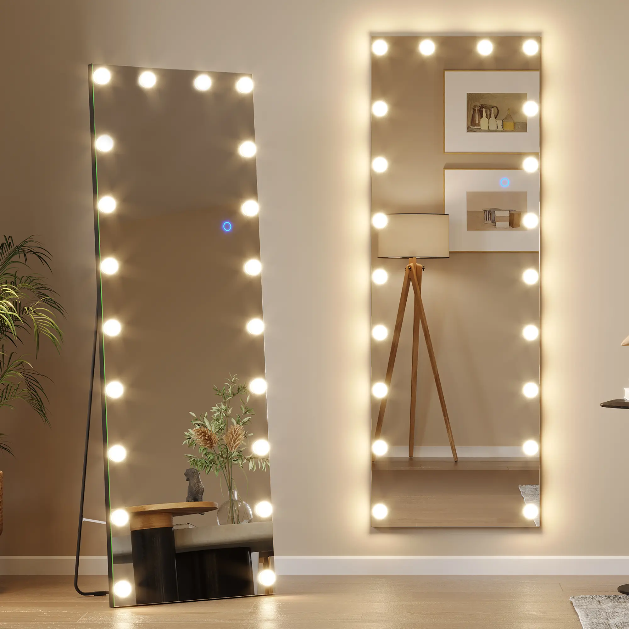 FREDEES 61 "x 20" full length mirror with lights, Hollywood body mirror with light bulbs free standing, LED wall mirror for dressing, dimming & 3 color lighting makeup  mirror