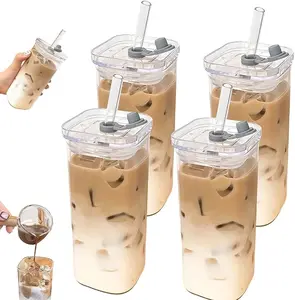 4-Pack Square Glass Cups with Straws 13oz Clear Glass Coffee Tumbler for Iced Drinks Tea Smoothies Latte and Matcha Reusable Drinking Glass Set Cute Cups for Home Kitchen Essentials