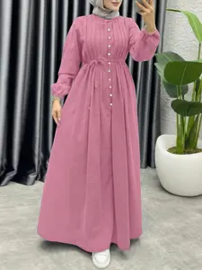 Women's Solid Color Long Sleeve Modest Dress with Round Neck, Single Button and Waist Tie Design, Ideal for Casual Commuting All Seasons