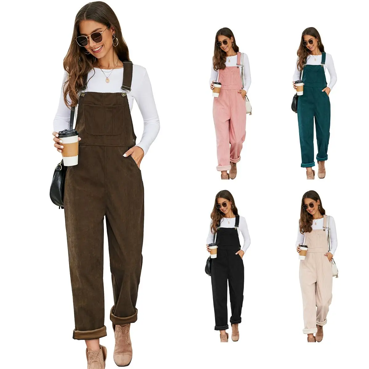 KISSONIC Women's Fashion Soft Cotton Corduroy Overalls - Strappy Sleeveless, Adjustable Straps, Long Bib, Pockets, Side Buttons, Baggy Wide-Leg Jumpsuit, Basic Black, Hand Washable Womenswear for Business & Street Use