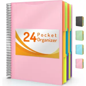 24 Pocket Project Organizer, 1/3-cut Tab Binder Organizer with Sticky Labels, Multi Pocket Folder with Zipper Pouch, Spiral Pocket Notebook Folder Binder, Office Supplies