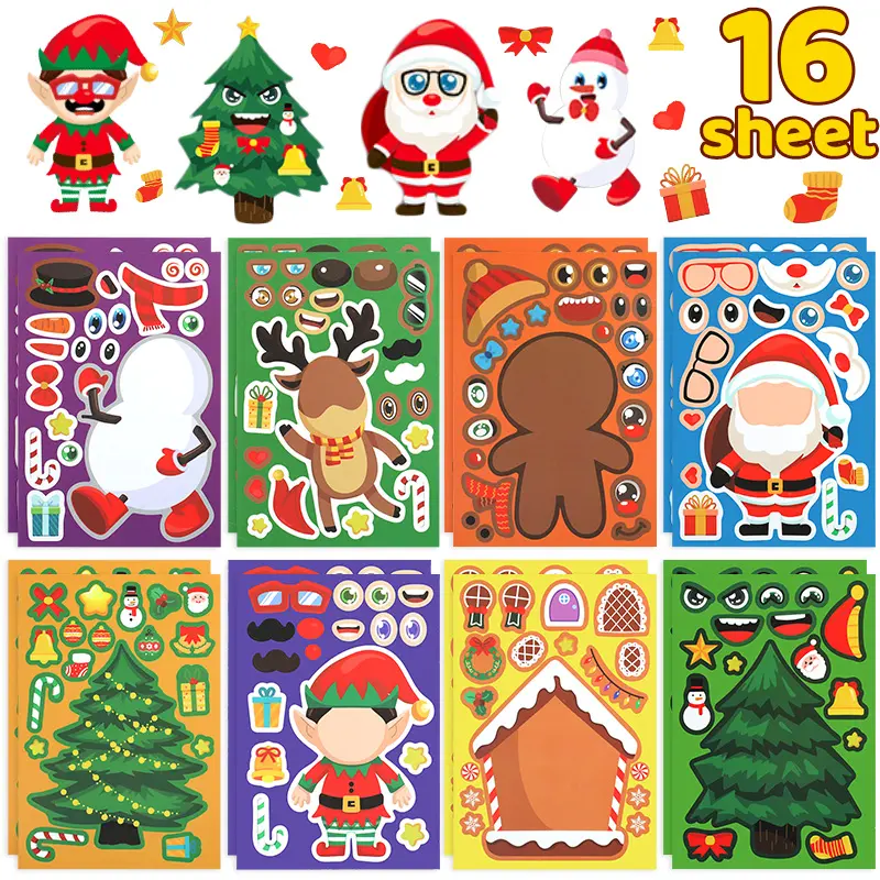 Christmas Make a Face Puzzle Stickers - 8 Sheets, Santa Figures, Snowman, Xmas Tree Designs, Festive Art, Kids Party Favors, Festive Home Embellishment (8/16 Sheets Option)