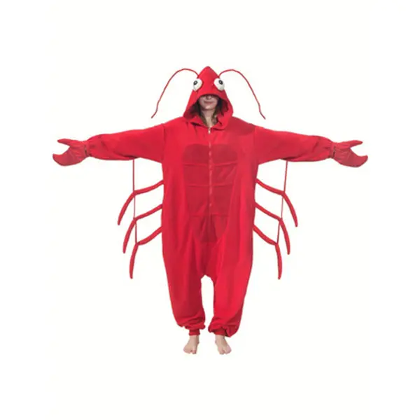 Women's Lobster Onesie Jumpsuit, Baggy Polar Fleece Cosplay Costume with 3D Eyes, Claws, and Pockets for Halloween & Christmas, Zipper, Harem Pants, Embroidery, Long Sleeve, Holiday, Small, Clothes, Ocean, Style, Nightwear, Loungewear