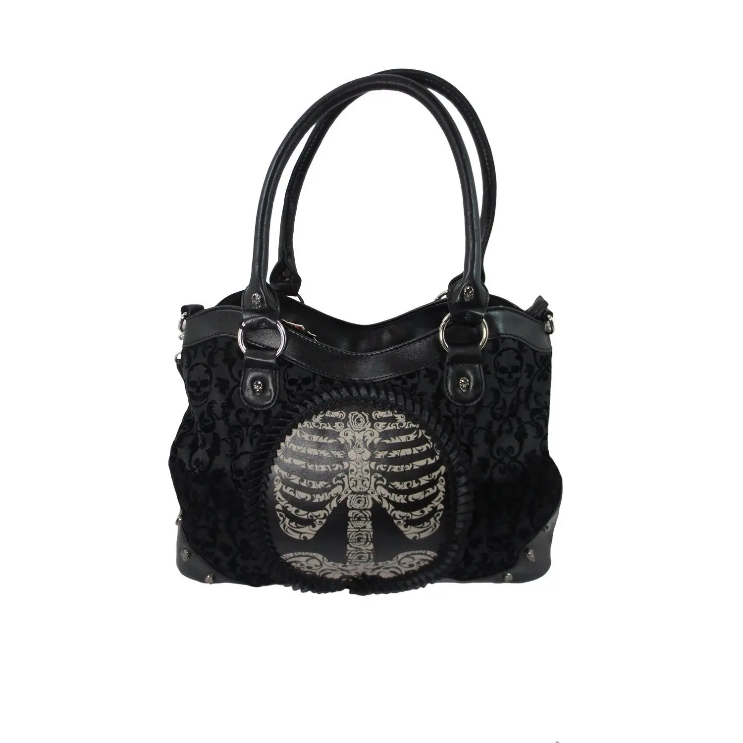Black Goth Steampunk Flocked Ribcage Skeleton Cameo Handbag Shoulder Bag Large with Unique Design
