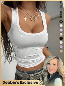 Debbie's Exclusive Pick,Limited Availability Live Only/Women's Street Style Rhinestone Pleated Solid Color Cropped Fitted Sleeveless Tank Top, Casual Fashion Backless Design, Perfect for Daily Wear