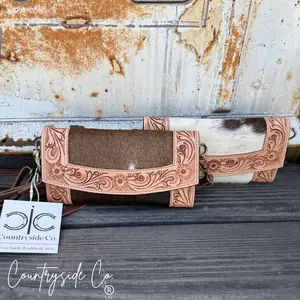 Cowhide Tooled Leather Wallet Wristlet Crossbody