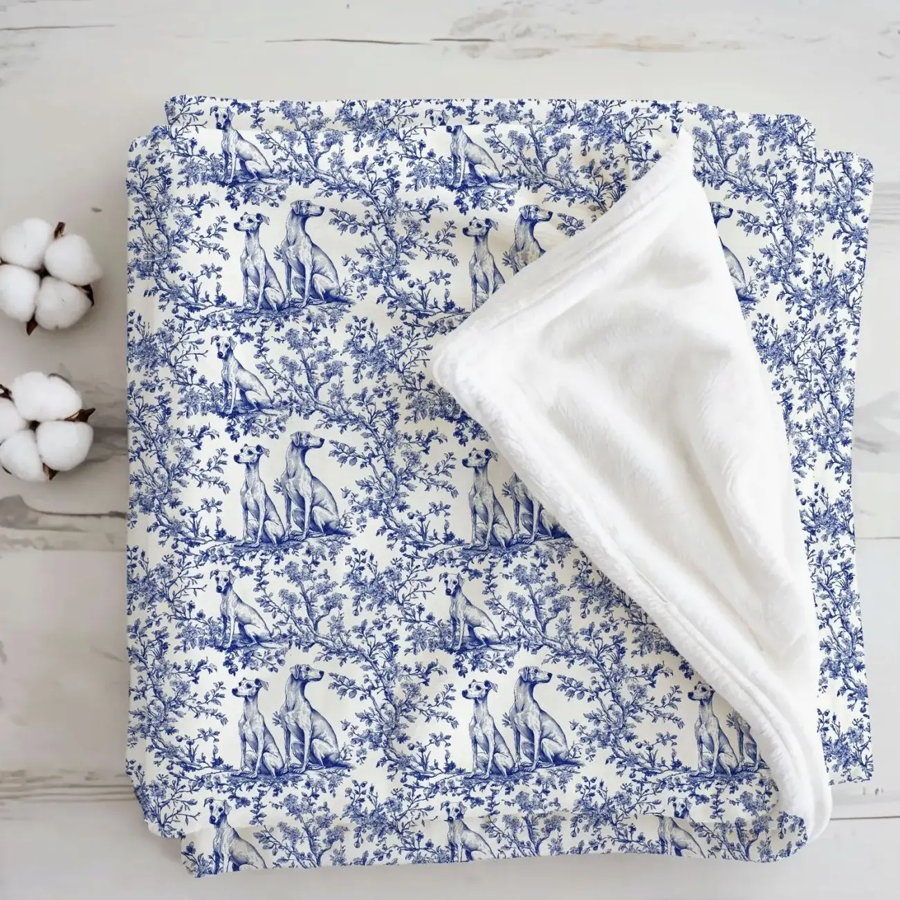 Whippet Blue Chinoiserie Toile De Jouy Sherpa Blanket, Custom Blanket For Dog Lovers, Warm Sofa Bed Throw, Snuggly Home Birthday Gift