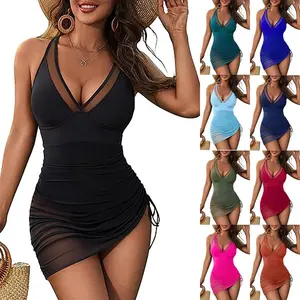 Women's Solid Asymmetrical Hem Ruched Knot Design Tank Swimsuit, Adjustable Strap Sleeveless One-piece Swimwear for Beach Holiday Vacation, Ladies Summer Clothes