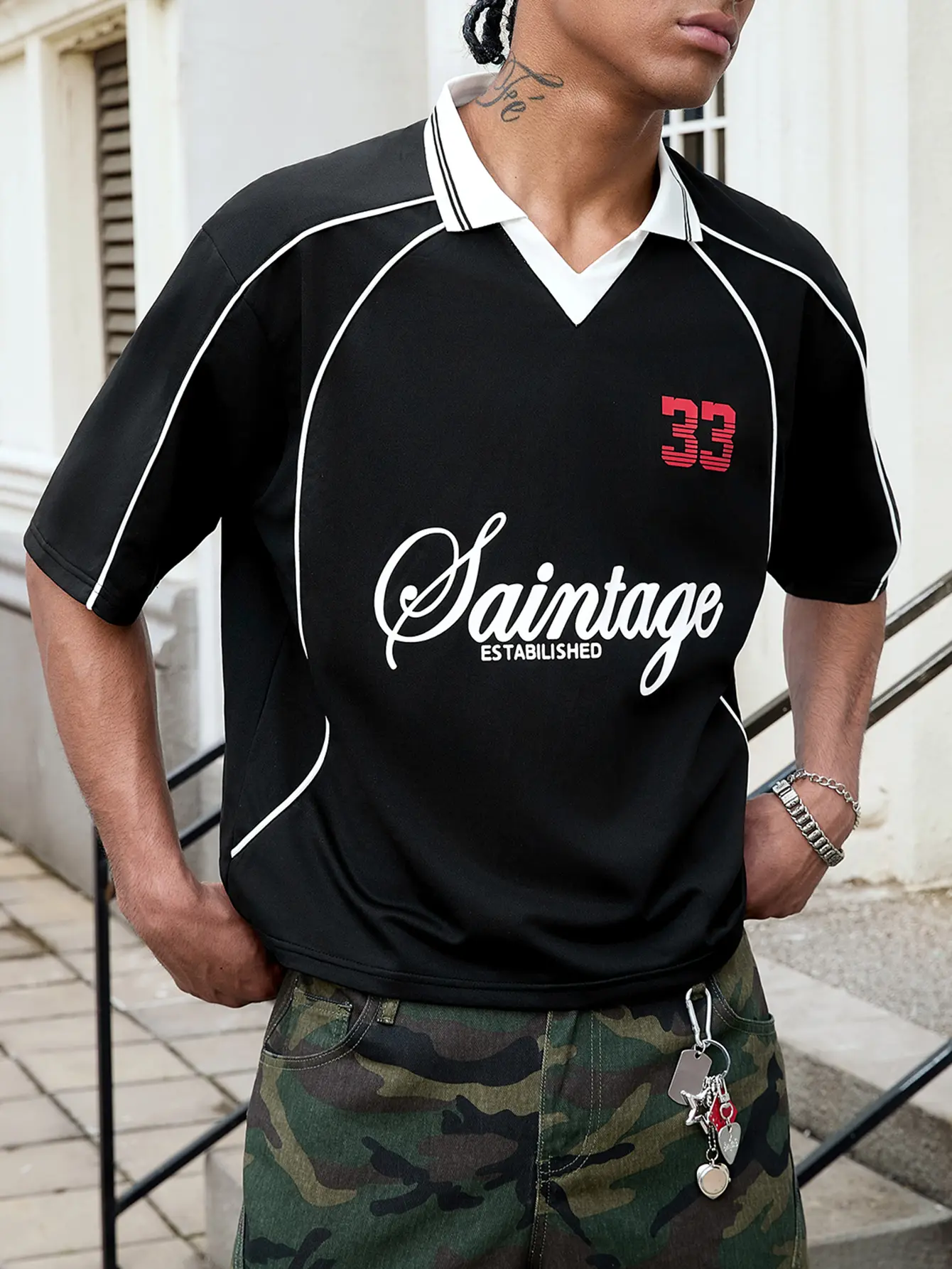 Men's Short Sleeve Polo T Shirt Contrast Piping V Neck Collar Athletic Jersey Top, Mid Length Casual Streetwear Tee, Loose Fit Summer Fashion Shirt for Men, Graphic Number Print Rugby Inspired Pullover, Daily Outing Party Tops with Clean Sporty City Vibe.