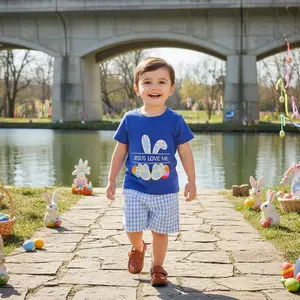 Toddler Boy Easter Outfit Bunny Ear Print Short Sleeve Crew Neck T Shirt Plaid Elastic Waist Shorts 2 Piece Summer Set