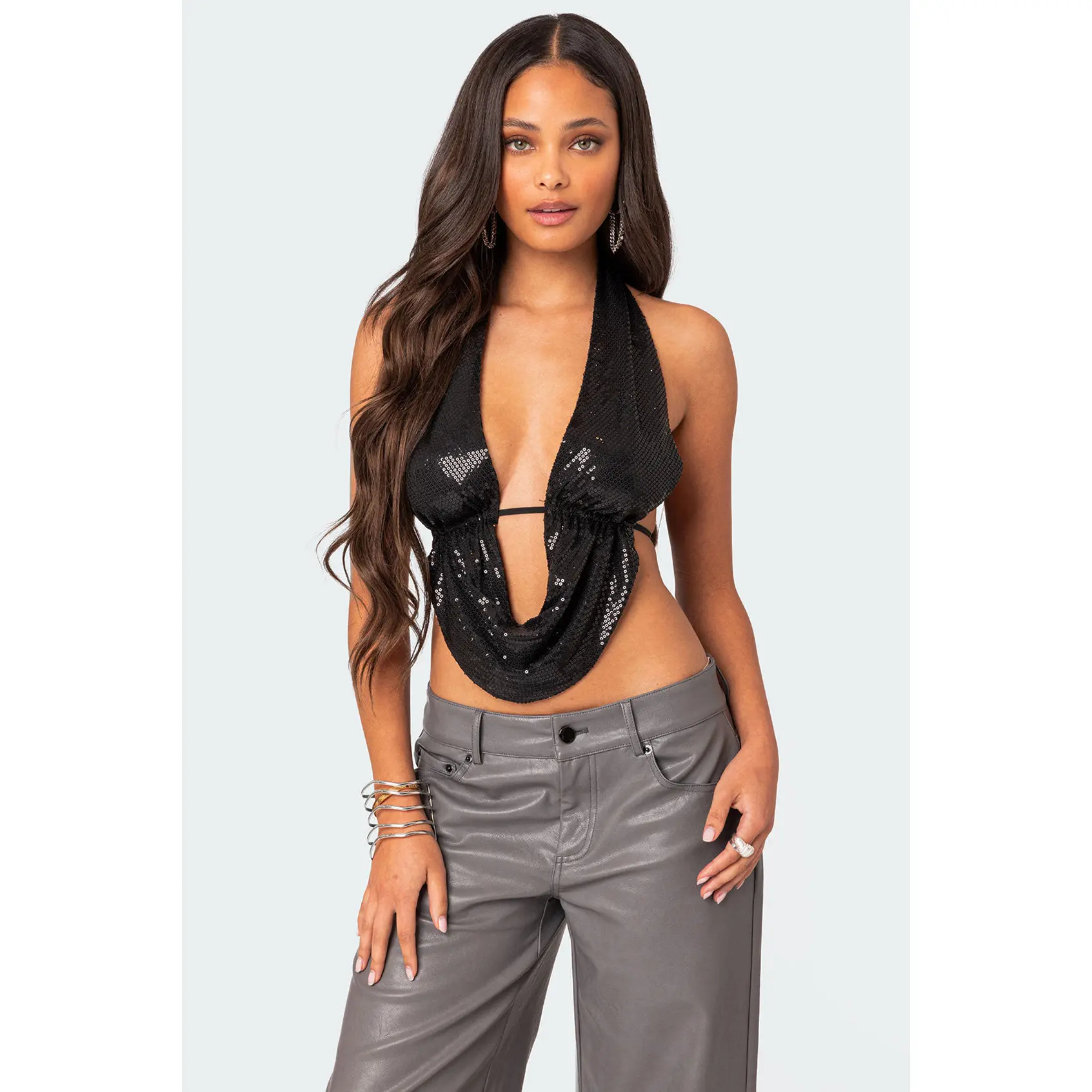 Draped Scoop Neck Open Back Top