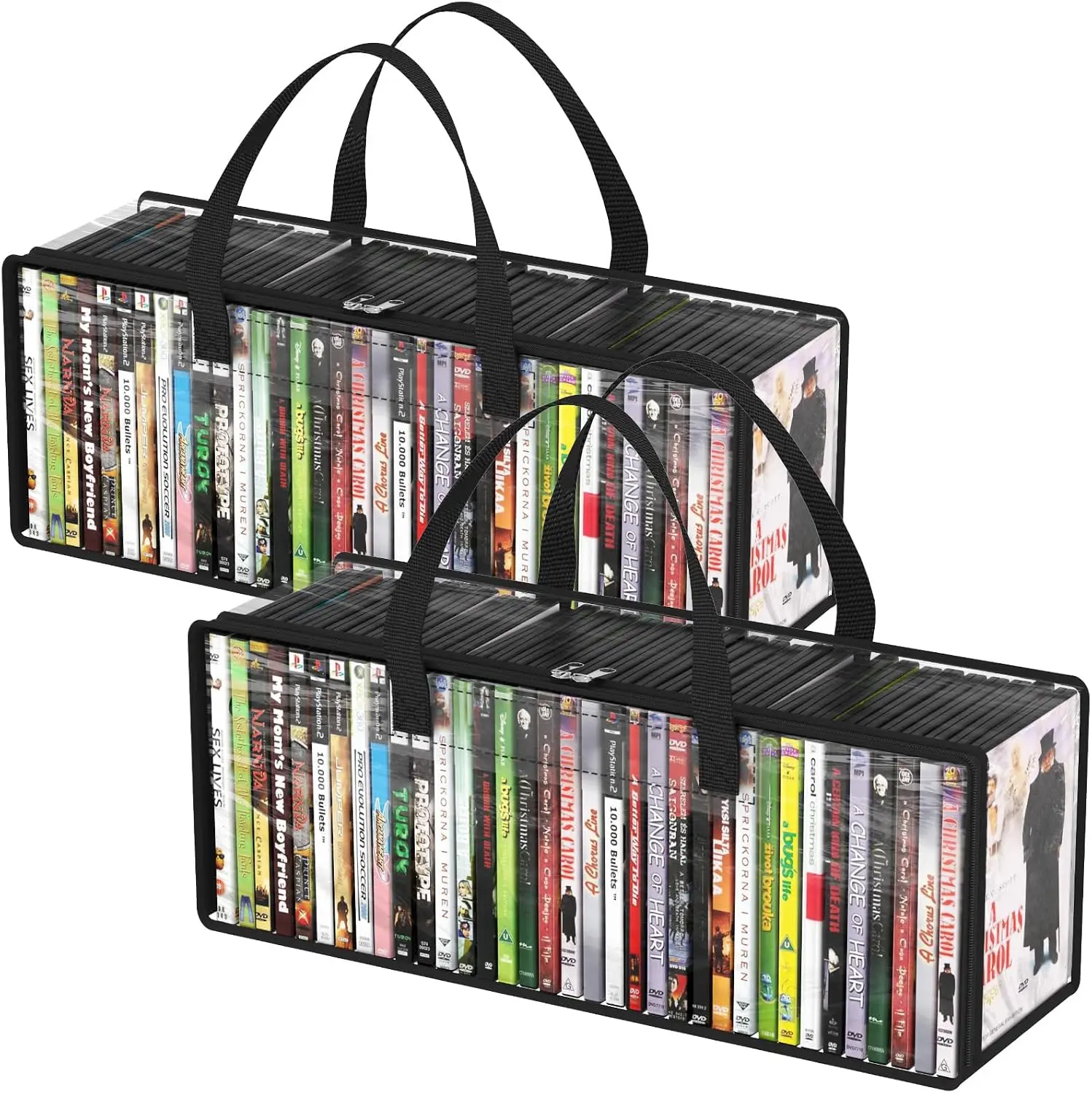 DVD Storage Bags, Clear PVC DVD Case Holder with Handles, Front Window Zipper Design, Stackable Media Organizer for Blu-ray Disc, Movie Cases, VHS...
