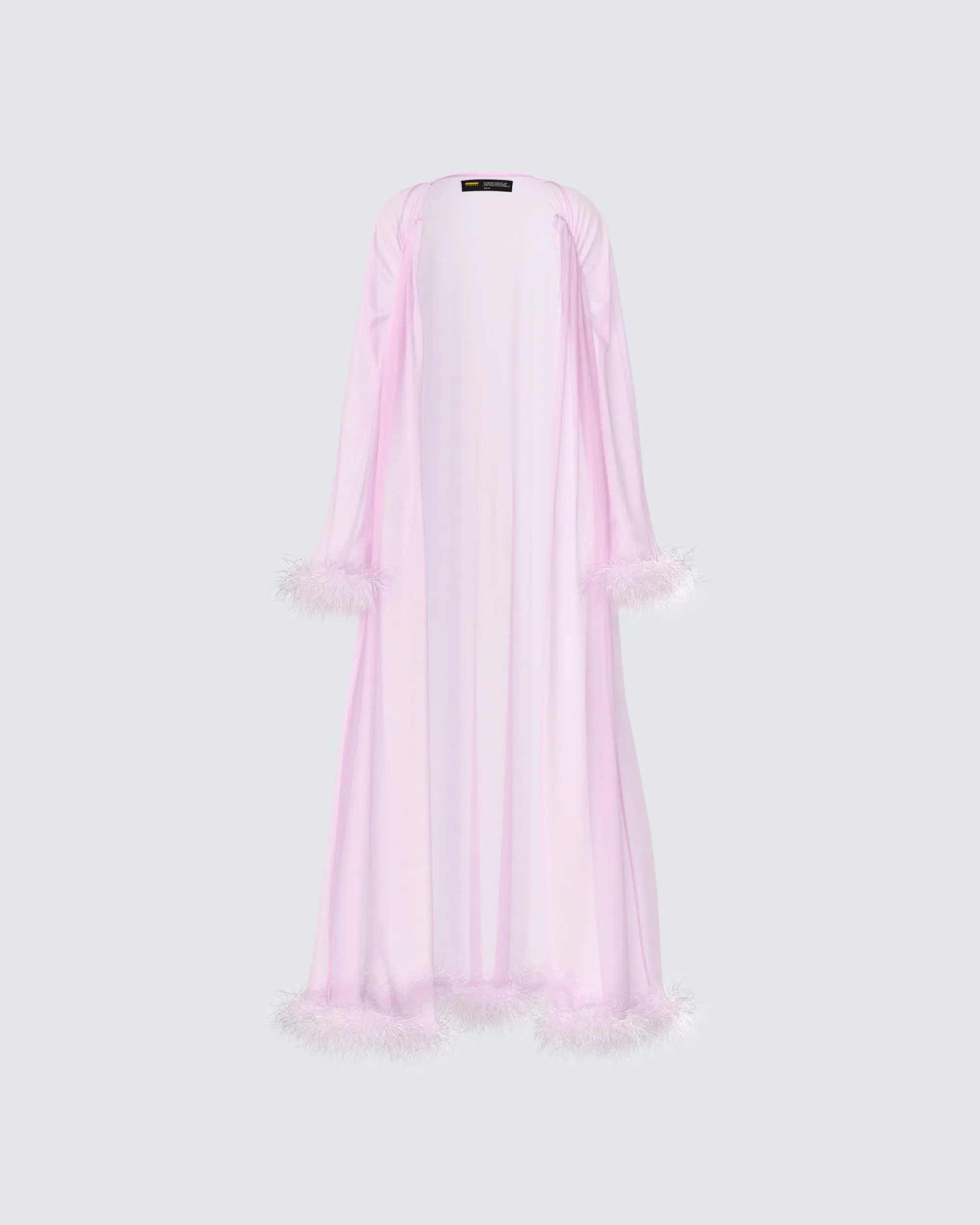 Women's Sheer Blush Pink Feather-Trim Long-Sleeve Floor-Length Bathrobe Duster Gown for Loungewear, Nightwear