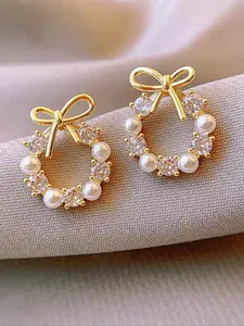 Elegant Round Design Earrings with Bow and Faux Pearls, Perfect Valentine Gift for Bride, Stylish Jewelry Accessory,Faux Pearl & Rhinestone Decorated Bow Design Stud Earrings (1 Pair), Elegant Cute Jewelry for Party, Daily Clothing Decor for Girl, Trendy