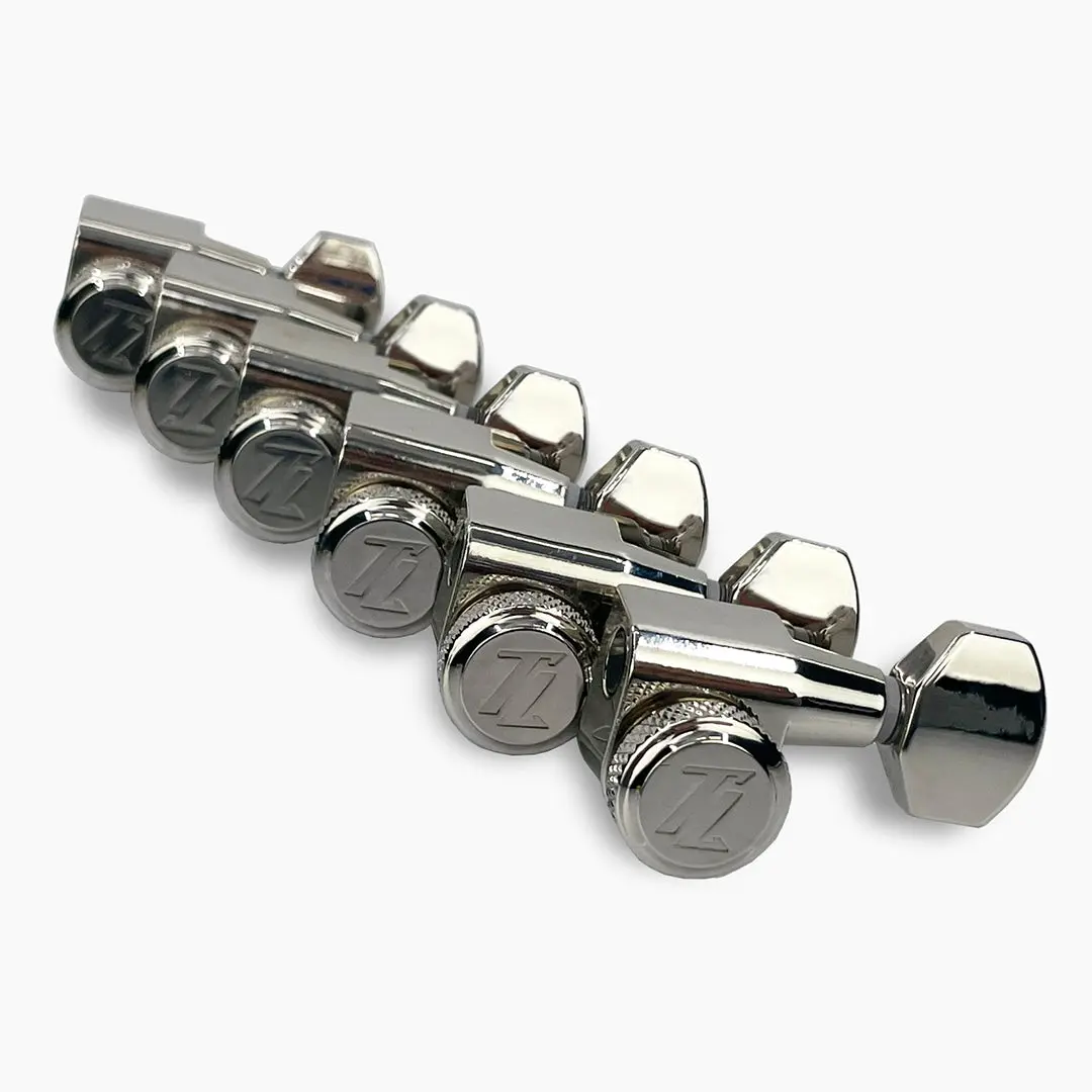 Allparts Top Lock Modern 6-in-line Mid-Size Locking Tuning Keys with Screw-In Bushings, Staggered Posts,1-pin Anchor and Metal Hex Buttons - (set of 6)