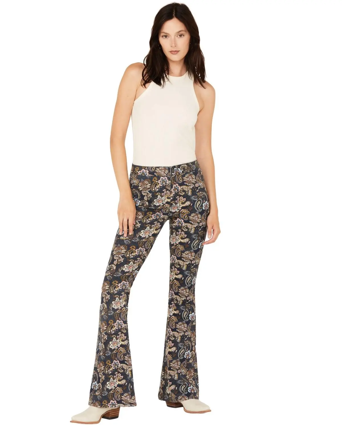 Rock & Roll Denim Women's And Floral Print High Rise Button Bargain Bell Flare - Bw6pd02236