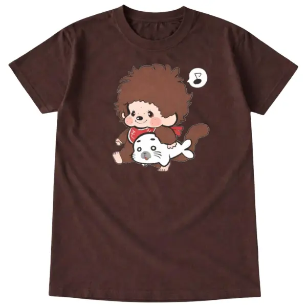 Y2K Cute Monchhichi Seal Rider Graphic Tee - Vintage Graphic Tee – Menswear & Womenswear – Streetwear Tops – Casual Cotton Crewneck Shortsleeve T-shirt