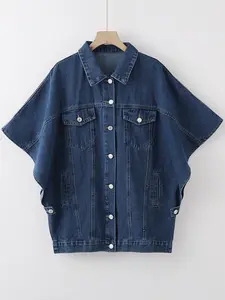 Women's Batwing Sleeve Denim Jacket Coats, Deep Wash Loose Fit Short Sleeve Single Button, Casual Pocket Shirt Style Jeans Top