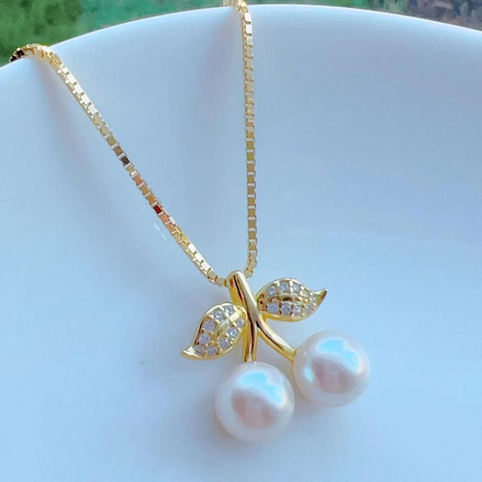 Piswency Genuine Akoya Pearl Cherry Pendant Necklace, Saltwater Pearl 925 Sterling Silver Box Chain, Jewelry Gift for Her