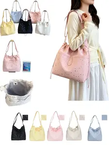 Dreamy Star Print Drawstring Tote Bag, Lightweight Oxford Fabric, Adjustable Strap, Large Capacity, 5 Soft Colors, Perfect for Daily Use