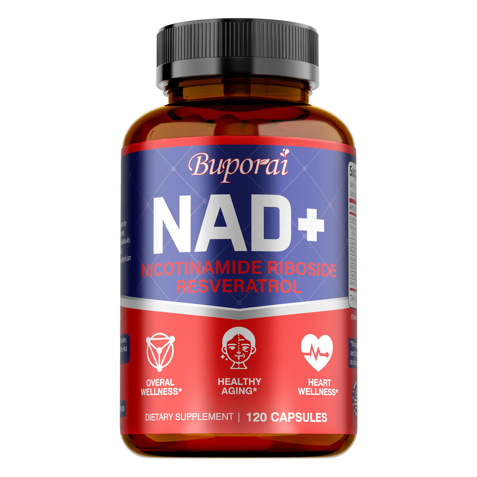 Buporai Edible NAD+ Dietary Supplement - 120 Capsules with Trans-Resveratrol, Rhodiola Rosea Extract, Antioxidant for Skin & Heart Health, NAD Support Vitamins Supplements for Adults (Consult Doctor First)