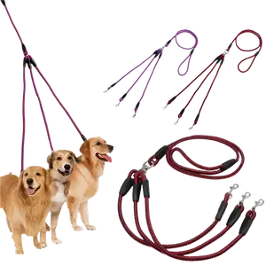 Triple Pet Collar Traction Leash with 3-Way Coupler