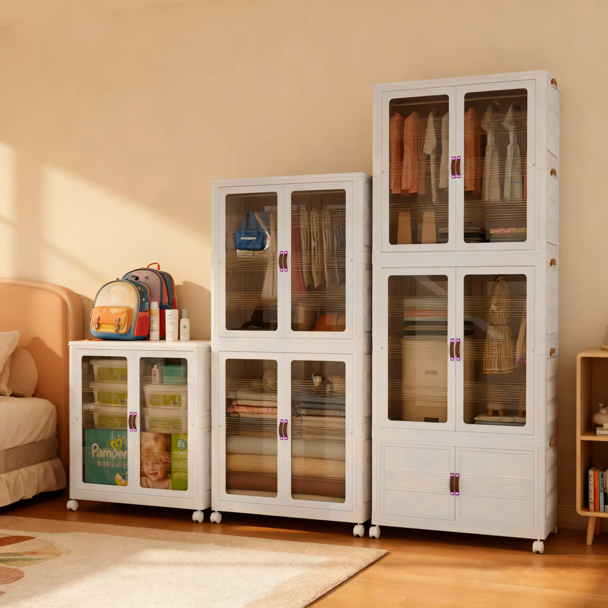 Plastic Organizer Cabinet - Rectangle Folding Storage Cabinet with Divided Compartments, Glide-Smooth Wheels, Large Capacity, Eco-Friendly, Easy Assembly for Bedroom Clothes Organization