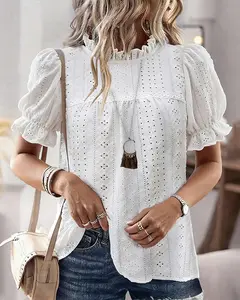 CHICME Women's Elegant Eyelet Mock Neck Puff Sleeve Blouse Casual Summer Hollow Out Embroidered Pullover Top