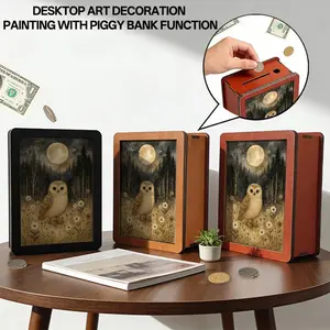 Solid Wood 3D Decor Painting Piggy Bank - Multi-Pattern Owl/Butterfly/Wildflower, Stylish Desktop Ornament, Warm Wood Texture, Perfect Valentine's Day Gift for Family with Blessing Meaning