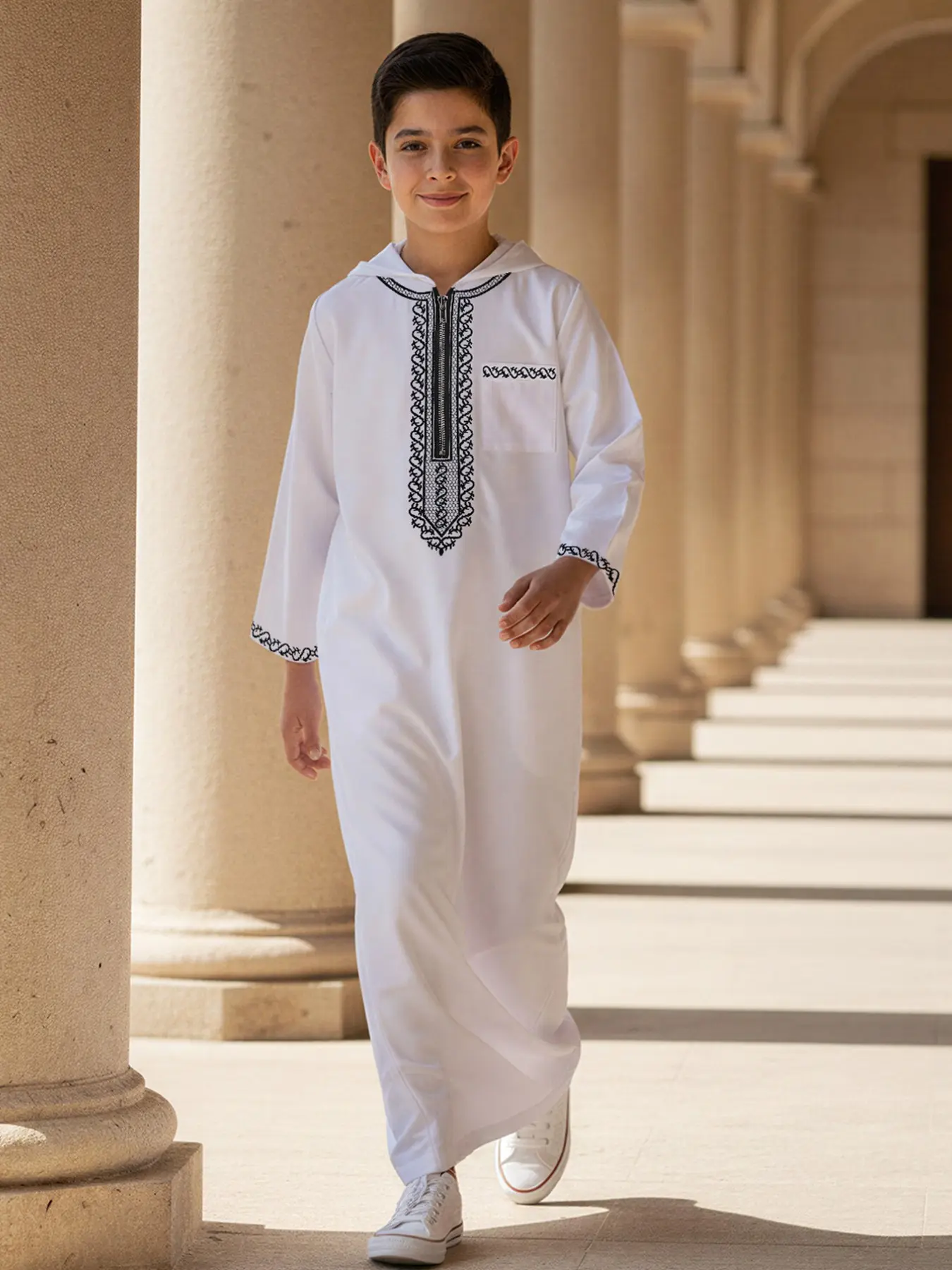 Muslim Traditional Islamic Boy Hooded Djellaba, Embroidered Long Sleeve Zipper with Side Pockets, Gift for Boys 8-12 Years