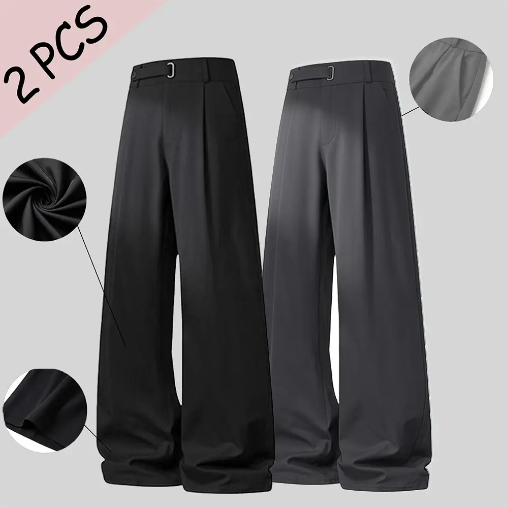 Men's High-Waist Wide Pleated Full-Length Loose-Fitting Solid Suit Pants - Premium Drape Non-Iron Polyester Elastane Fabric Trousers for Office, Fashion & Business Casual Wear, Buckle, Slacks, Relaxed Fit