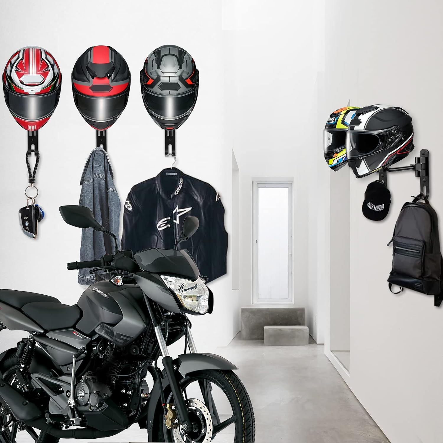 Motorcycle Helmet Holder Wall Mount Rack 180° Rotating Hanger with Double Hook for Jackets Caps Hats Bike Storage Organizer