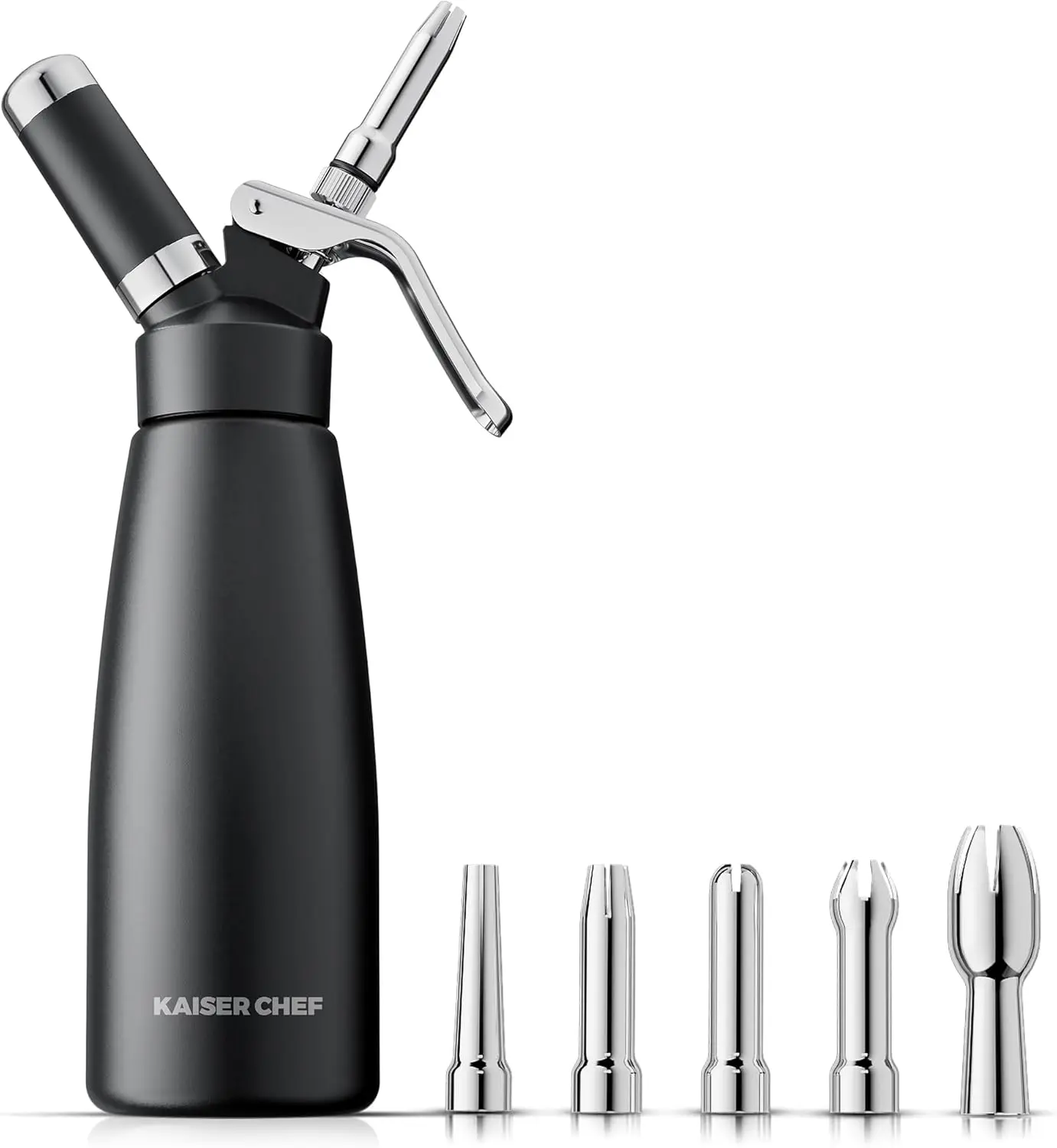 Professional Aluminum Whipped Cream Dispenser - 500 mL/1 Pint,Leak-Free Whipped Cream Maker Canister with 5 Decorating Nozzles & Cleaning Brush - for Desserts, Coffee Foam & Cold Foam (Black, 500ml)
