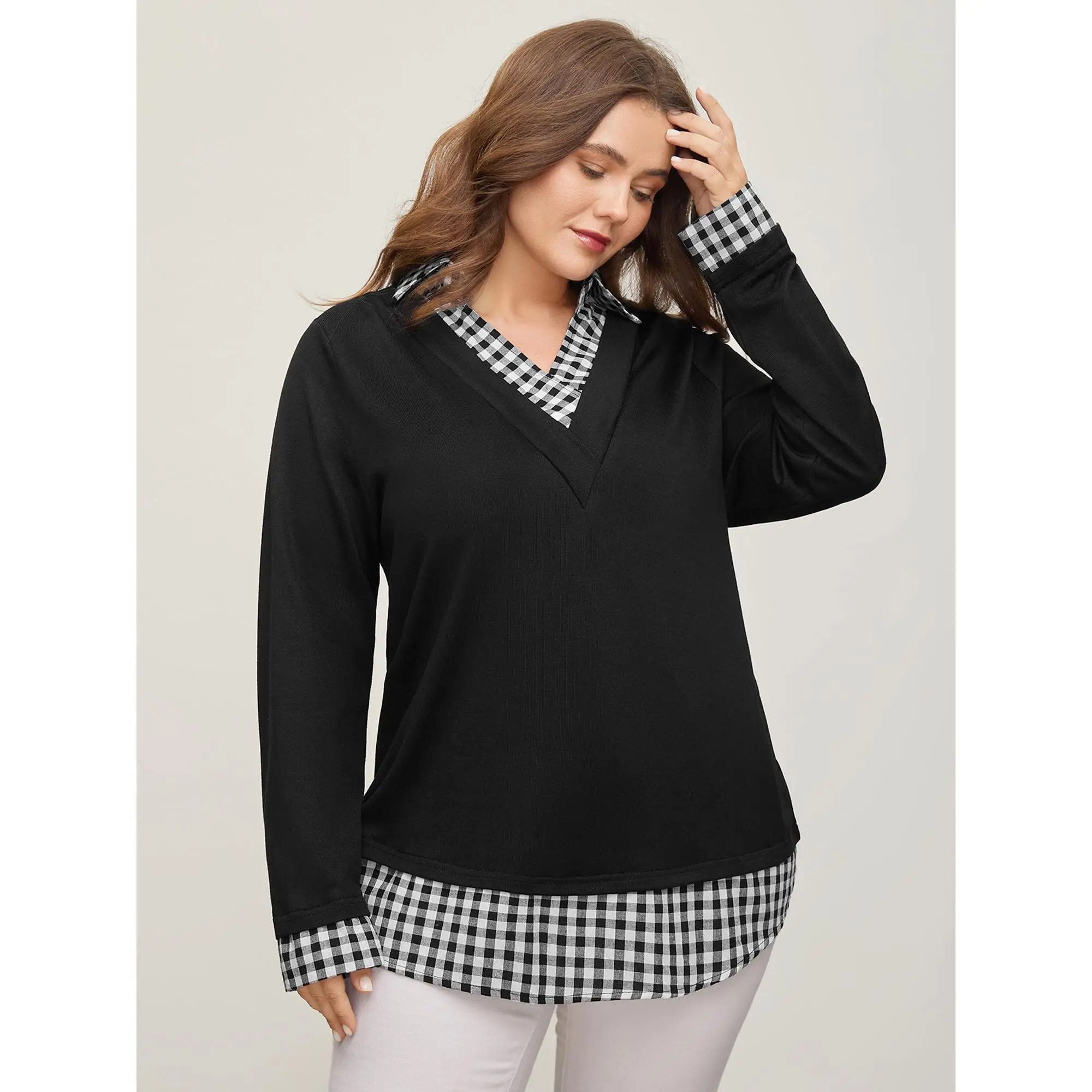 BloomChic Plus Size Gingham Patchwork Pullover Sweatshirt, Casual Collared V-Neck, Lightweight Long Sleeve Polyester Blend Top, Smooth, Fabric, Breathable, Comfortable, Woven, Rayon, Patchwork Look, Elastane, Regular Length, 14–16 / 1X, Fit, Smooth Textur