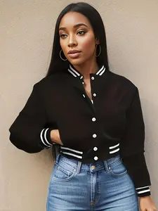 Women's Stretchy Fitted Fit Striped Trim Button Front Crop Jacket Coats Womenswear, Casual Pocket Mock Neck Long Sleeve Outerwear, Ladies Clothes for Winter