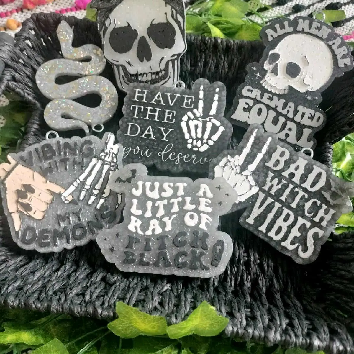 Handmade Gothic Spooky Skull Black Freshener - 10" Hanging String, Ghoul Fragrance, Unique Gothic Sayings & Designs, Bad Witch Vibes, Horror Lover Gift, Car Accessory, Home Fragrance Diffuser, Decoration, Handmade Detail, Minor Imperfections, Halloween