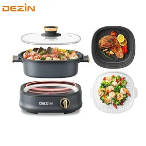 Dezin Electric Shabu Shabu Pot with Removable Pot, 3L Non-Stick Hot Pot Electric with Steamer and Grill Pan, 3-in-1 Electric Pot with Dual-Power Control for Party, Family and Friend Gathering