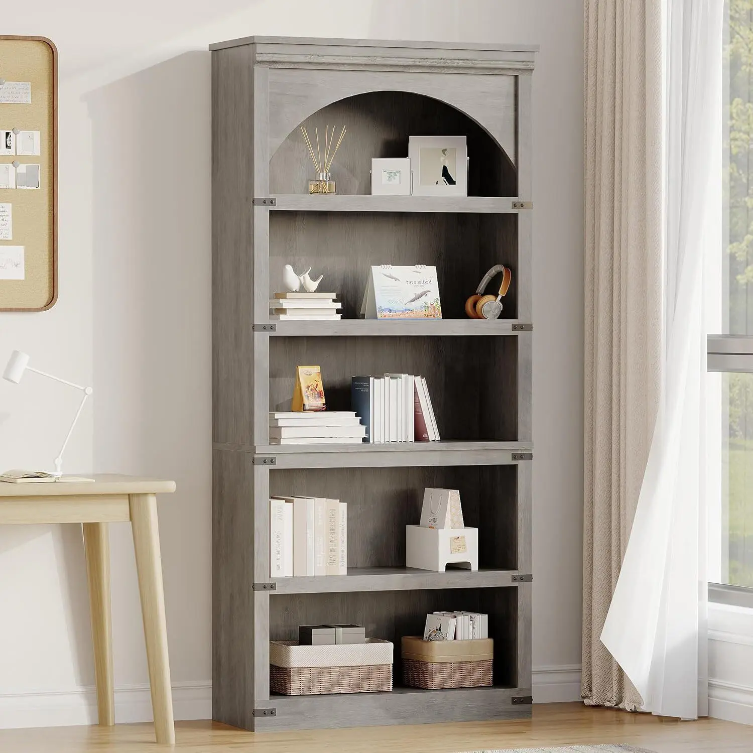 Arched Bookcase 5 Shelf Bookshelf 68inch Tall Bookcase Farmhouse Curved Storage Rack Wooden Bookshelves for Home Office Living Room Wood Color-Grey