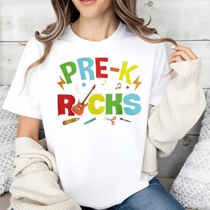 Casual Style, Women's T-Shirt, Pre-K Rocks Music And School Supplies Graphic, Back To School Season, Gift For Preschool Teachers And Kids
