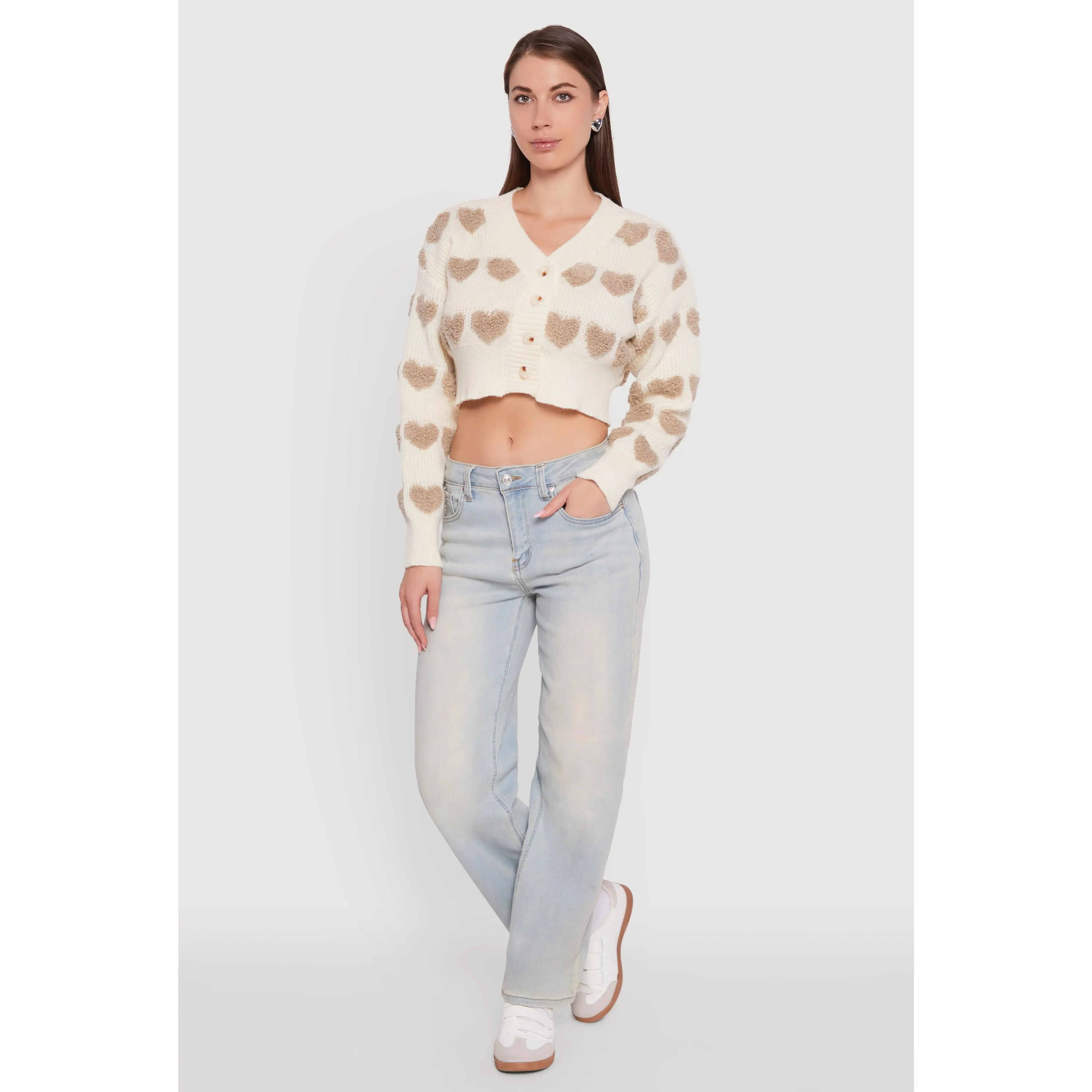 Chenille Heart Patterned Brushed Knit Cropped Cardigan