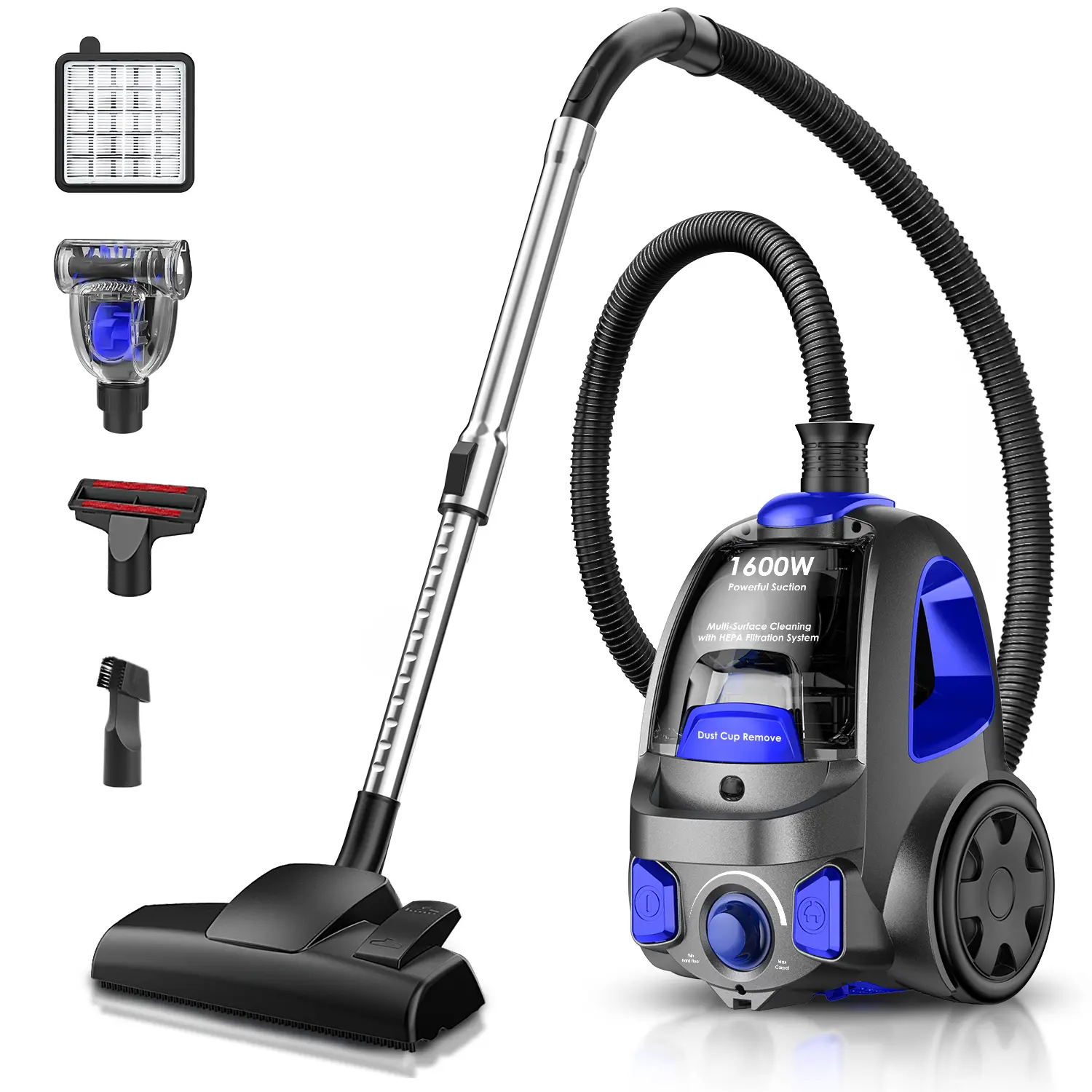 VICEASE Corded Canister Vacuum Cleaner - 32Kpa 1600W Bagless Lightweight Portable Dust Suction Machine, H13 HEPA Filter, 3.7Qt Large Capacity, Dust Full Indicator, 5 Tools for Hard Floors & Carpet, Quiet Deep Cleaning Vacuum, Lightweight Portable Vacuum