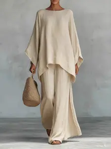 Women's Simple Lightweight Linen Two-Piece Set, Batwing Sleeve Top, Asymmetrical Hem, High-Waisted Wide-Leg Pants, Casual Loose-Fitting Style