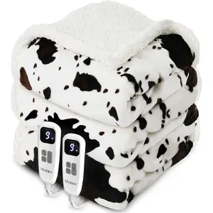 Cow Print Electric Heated Blanket Queen-Dual Control Heating Blanket Queen Size with 10 Heat Levels & 10 Hours Auto-Off, Cozy Soft Fleece Sherpa, Washable, 84x90 Inches Cow Print White