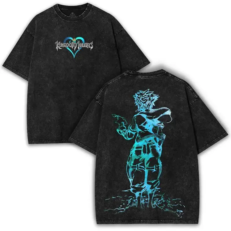 Men's Unisex Kingdom Hearts Sora WashedGrafx Oversized T-Shirt - Vintage Gaming Graphic Tee, Acid Wash Streetwear, Neon Blue Teal Silhouette Back Graphic, Heavyweight Cotton Harajuku Garment, Matching Jeans-Jacket Hem Apparel